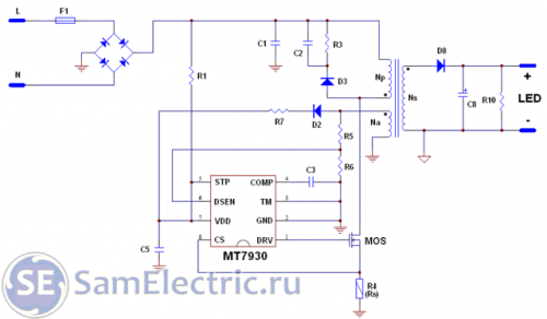 LED Driver MT7930 Typical. Схема электрическая принципиальная драйвера для питания светодиодной сборки или матрицы