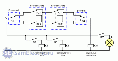 Схема на 2 проходных переключателях 2 реле и модульном контакторе