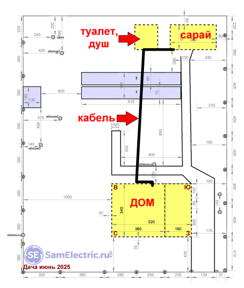 План прокладки кабеля на даче по воздуху