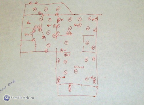 План электропроводки квартиры, нарисованный от руки
